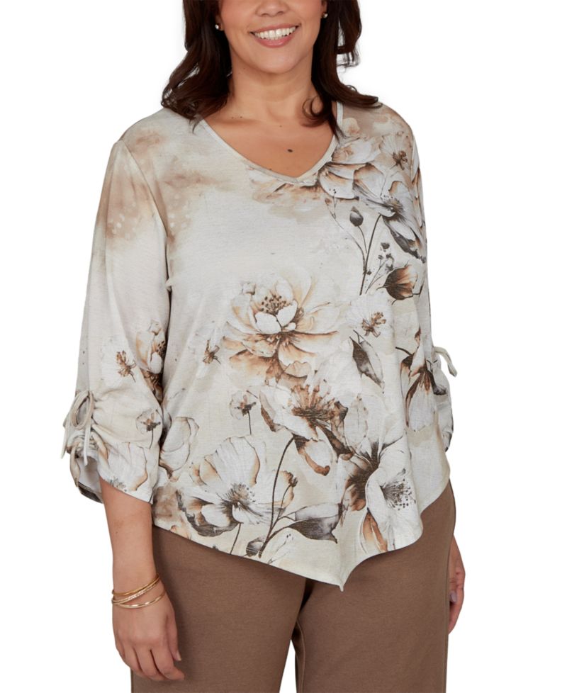 Plus Size Floral-Print V-Neck 3/4-Sleeve Blouse