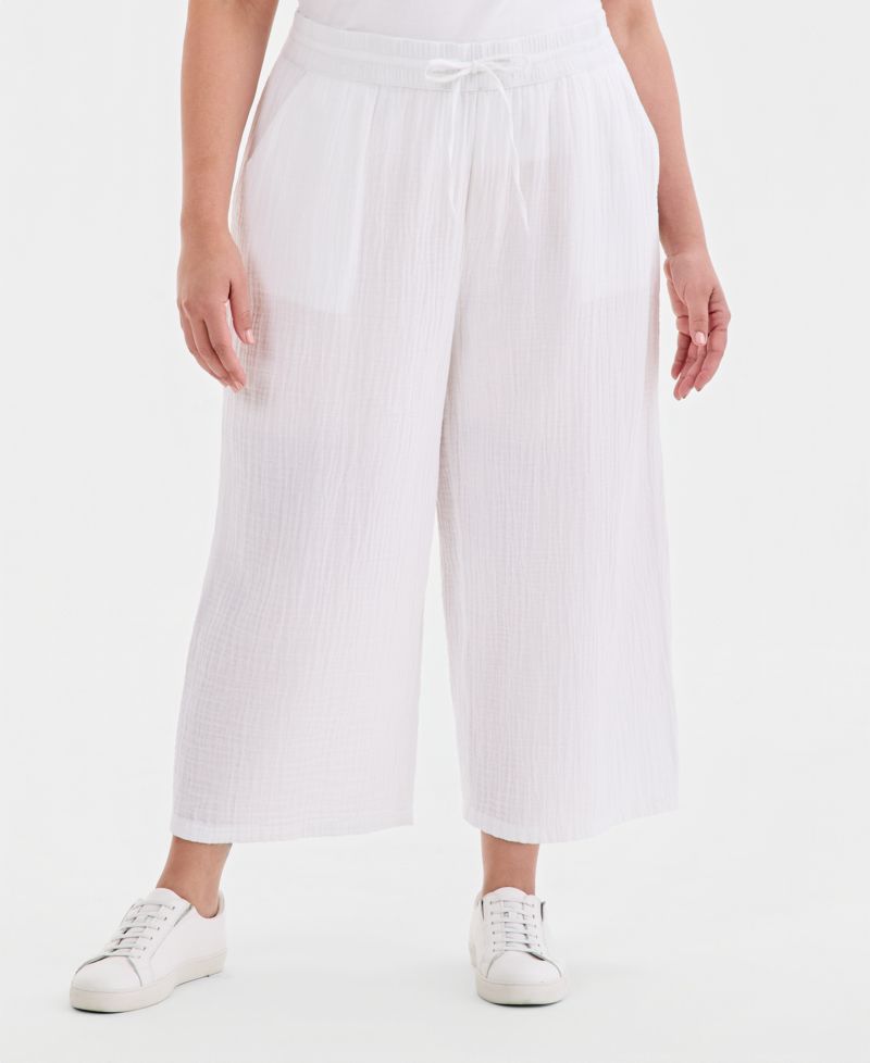 Plus Size Cotton Gauze Wide-Leg Cropped Drawstring Pants