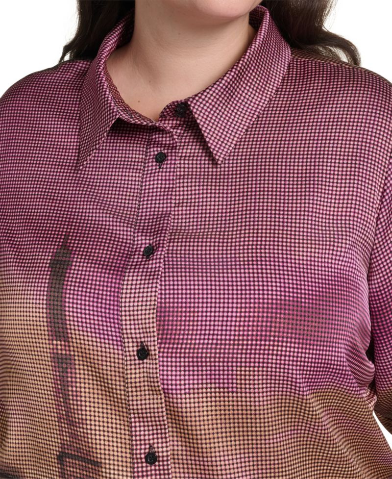 Plus Size Button-Down Collared Long-Sleeve Blouse