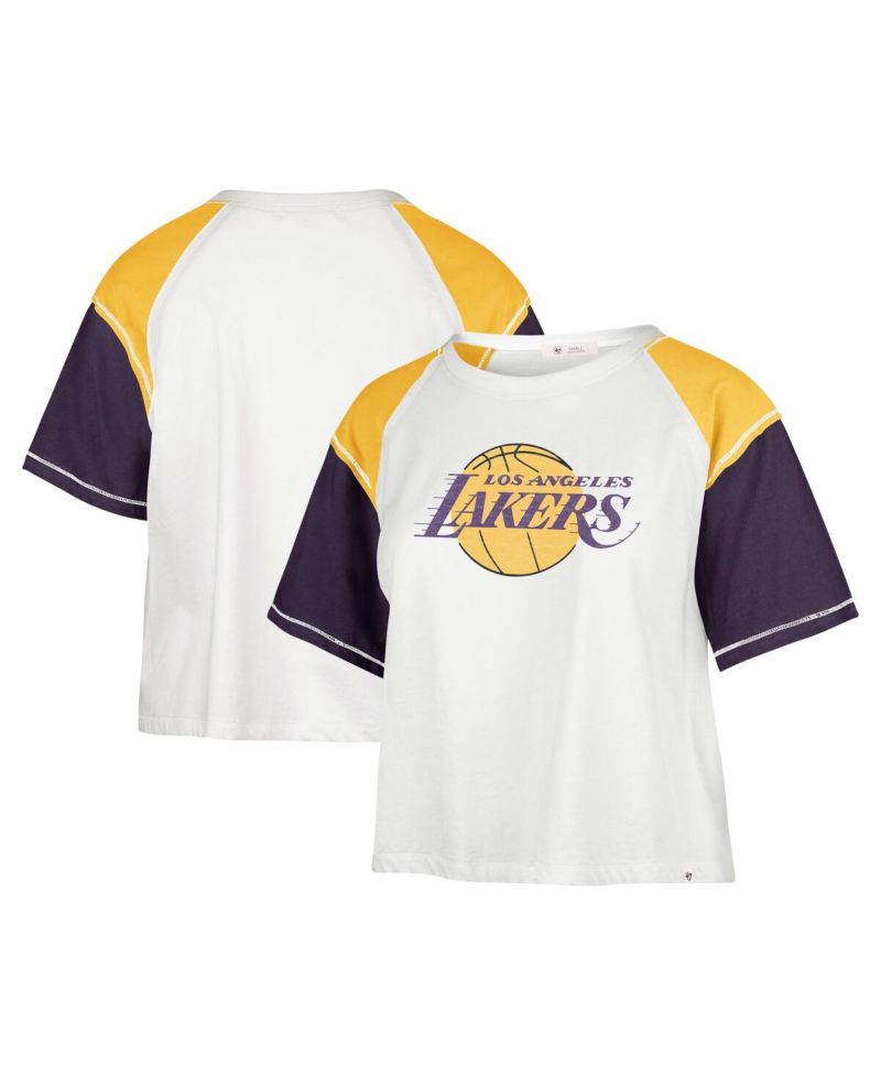 Women's Cream Distressed Los Angeles Lakers Premier Raglan Cropped T-shirt