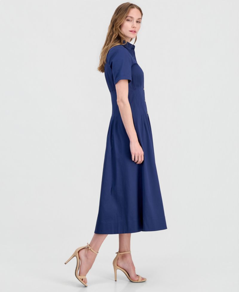 Women's Pleated-Waist Midi Shirt Dress
