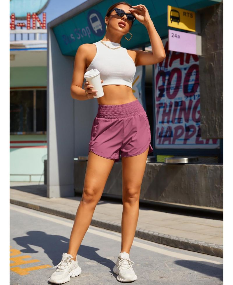 Women High Waisted Athletic Shorts Quick Dry Zipper Pocket Double Layer