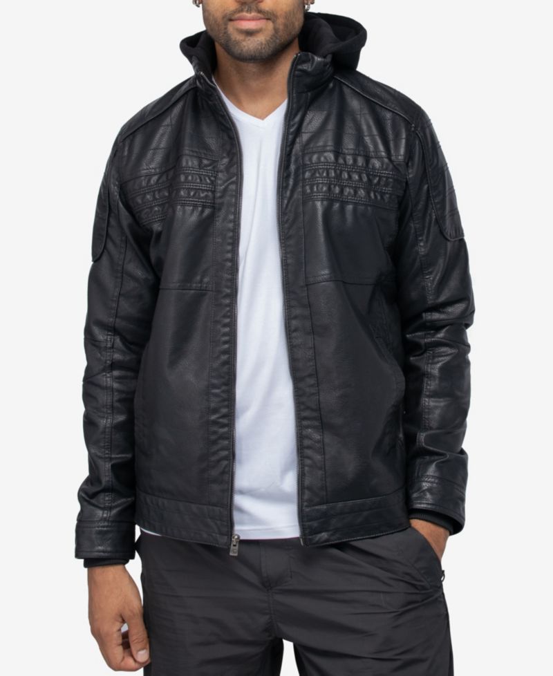 XRAY Men's Grainy PU Leather Hooded Jacket With Faux Shearling Lining