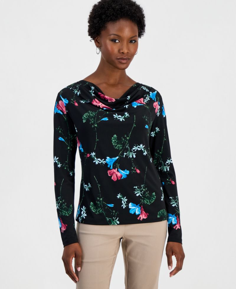 Petite Floral-Print Cowl Neck Top