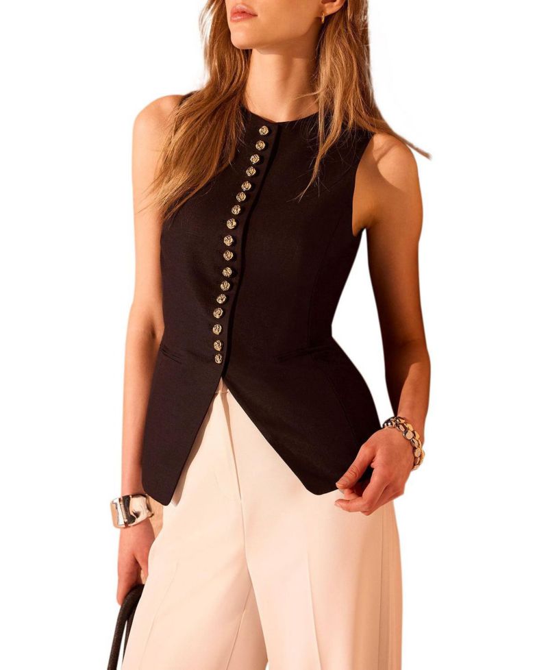 Women's Sleeveless Crewneck Linen-Blend Vest