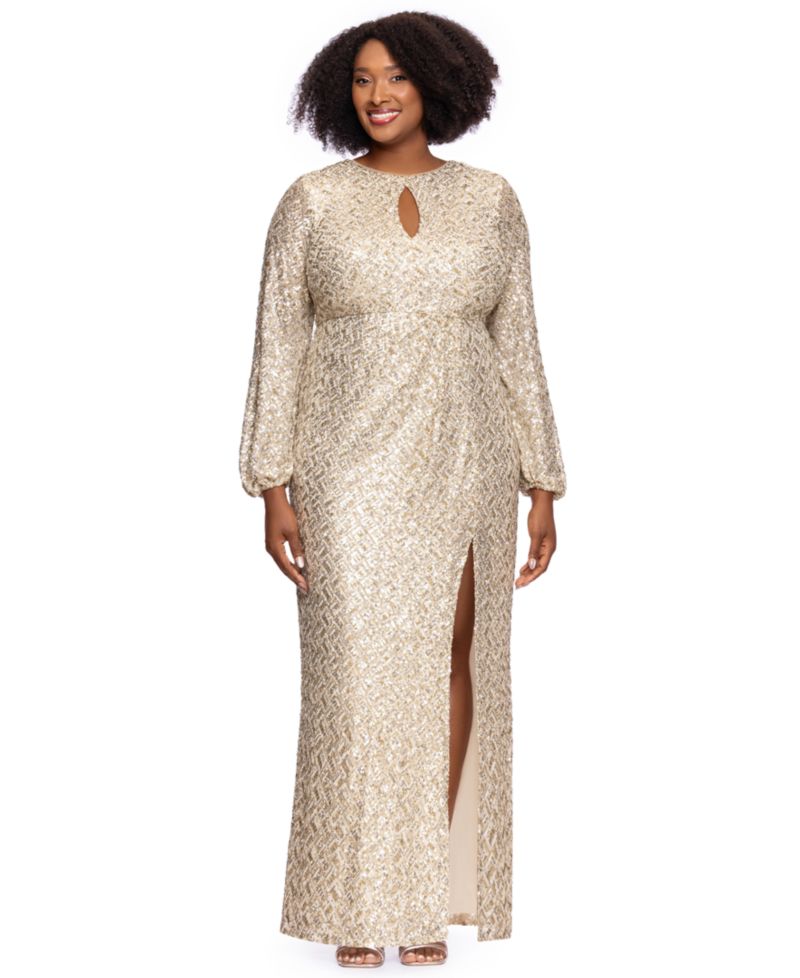 Plus Size Allover-Sequin Keyhole Long-Sleeve Gown