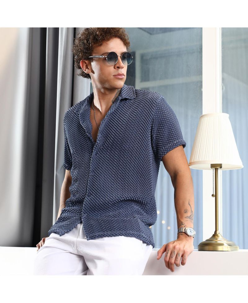 Men's Lapis Blue Puffy-Textured Shirt