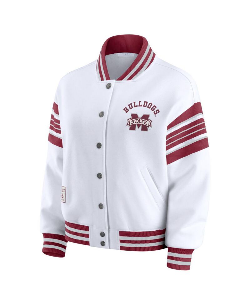 Women's White/Maroon Mississippi State Bulldogs Satin Stitch Full-Snap Fleece Sweatshirt Jacket
