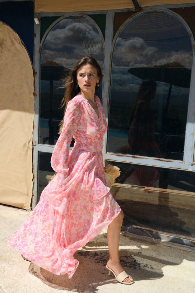 Women's Romance V-Neck Long-Sleeve Floral-Print Maxi Dress