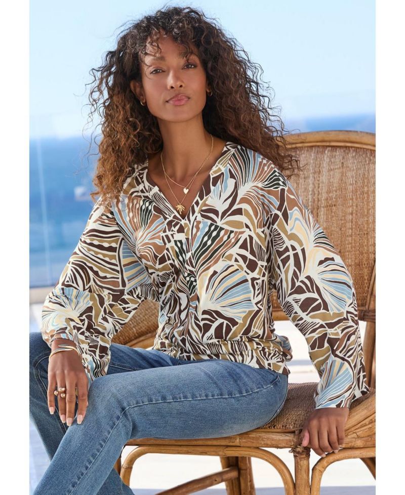 Women's Printed V-Neck Long Dolman-Sleeve Top