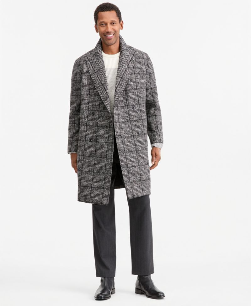Men's Plaid Double-Breasted Polyester/Wool Blend Overcoat, Macy's Exclusive