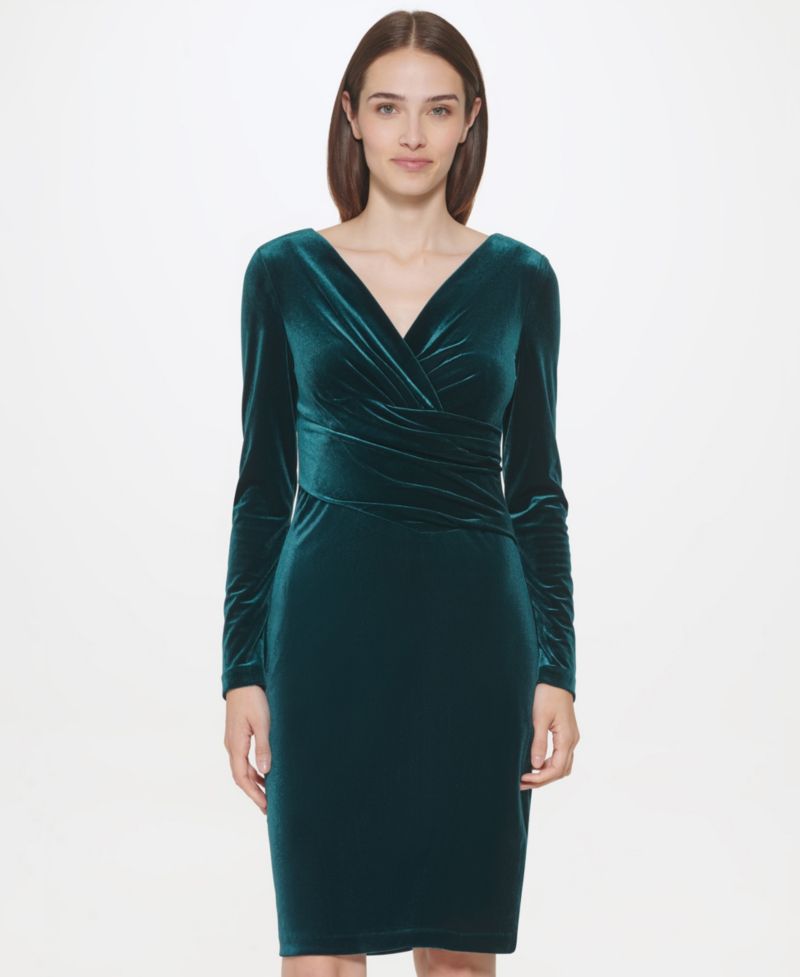 Petite Long-Sleeve Velvet Sheath Dress
