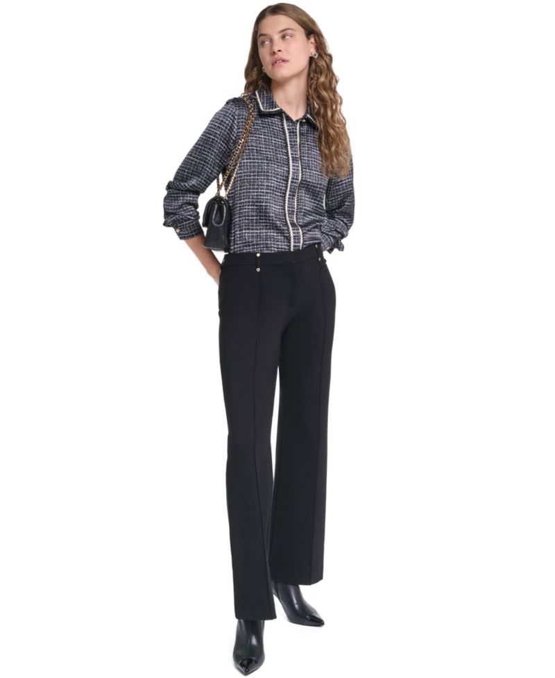 Petite Print Tweed Trim Top