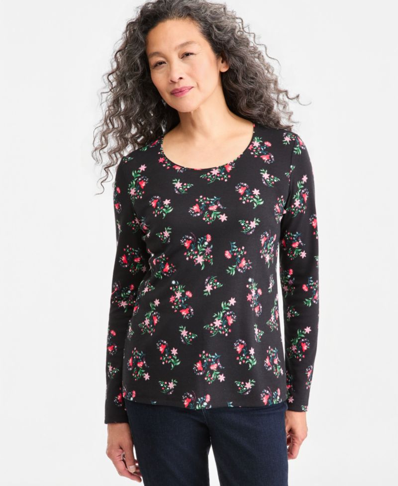 Petite Floral-Print Long-Sleeve Scoop Neck T-Shirt