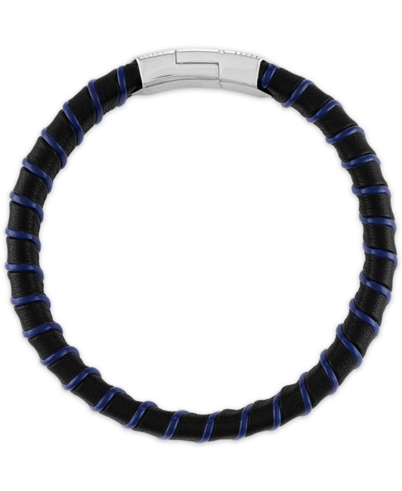 Woven Black & Blue Leather Bracelet in Sterling Silver