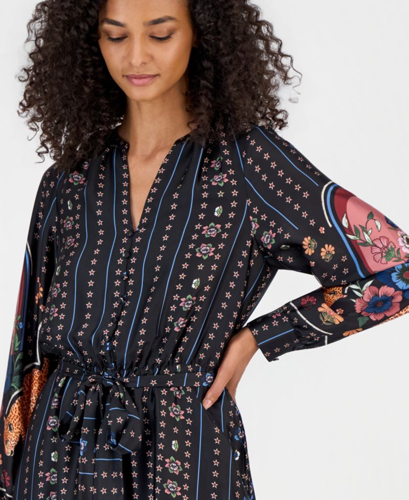 Women's Split V-Neck Long-Sleeve Fit & Flare Midi Dress