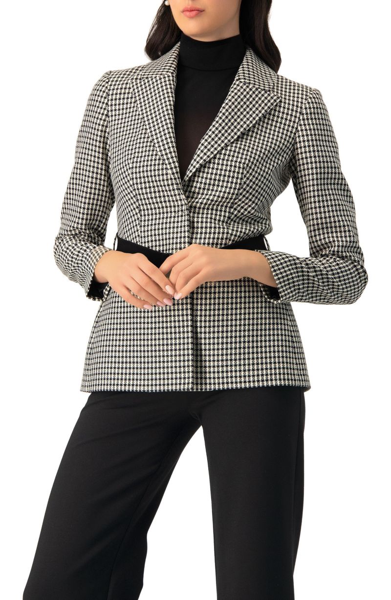 Women's Belted Checkered with Pockets Blazer