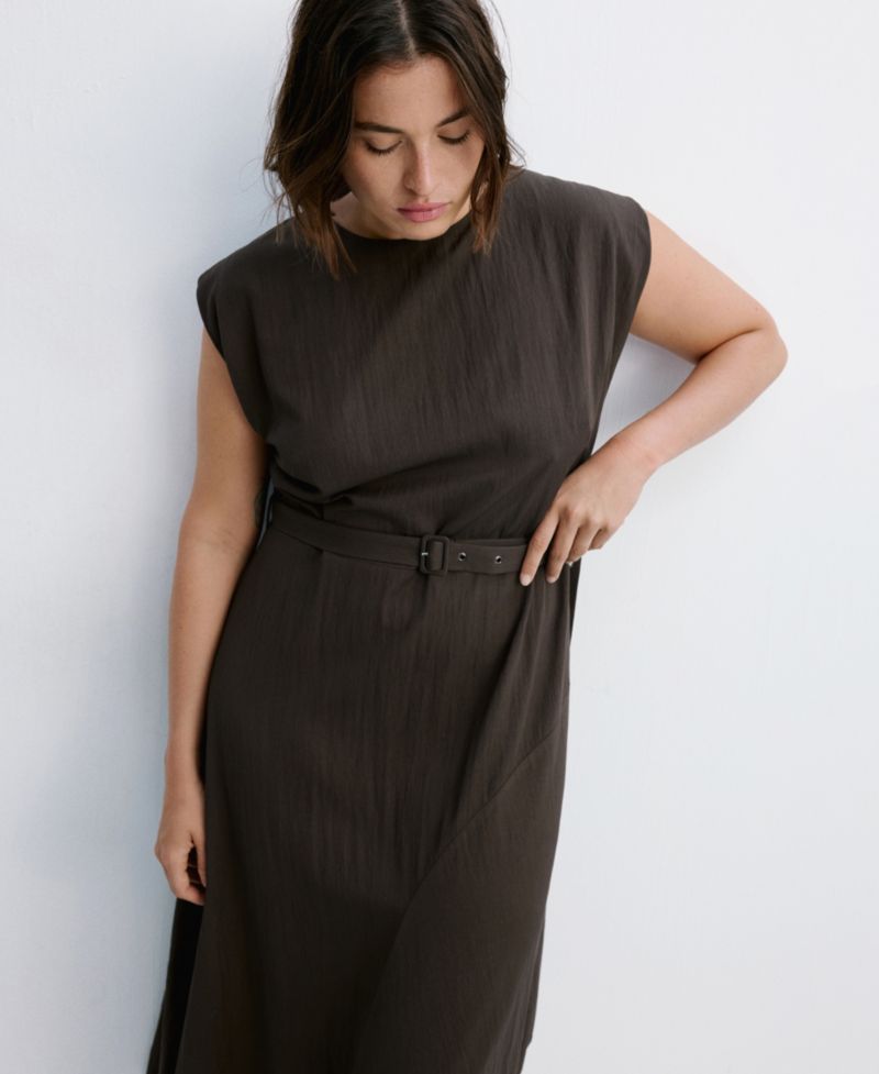 Women's Belted Asymmetric Crewneck Midi Dress
