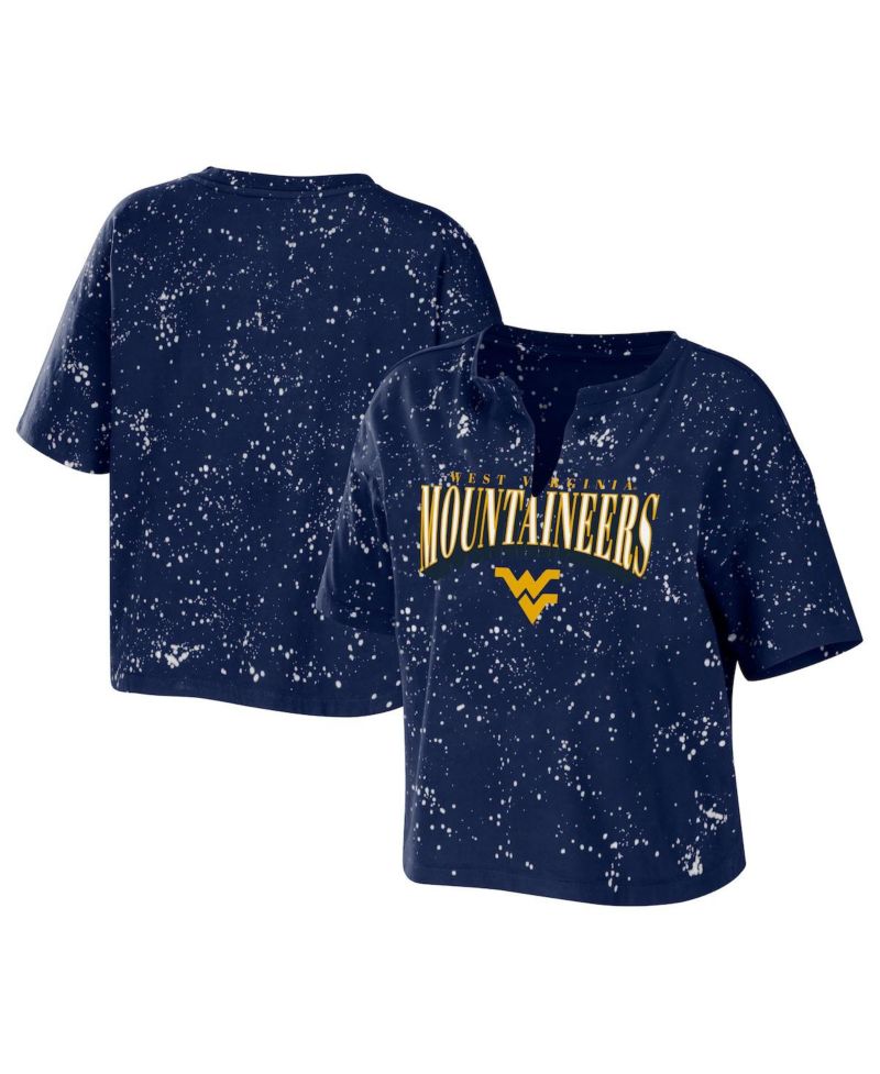 Women's Navy West Virginia Mountaineers Bleach Wash Splatter Cropped Notch Neck T-shirt