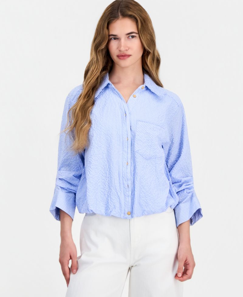 Petite Smocked Collar Bubble-Hem Striped Collared Shirt