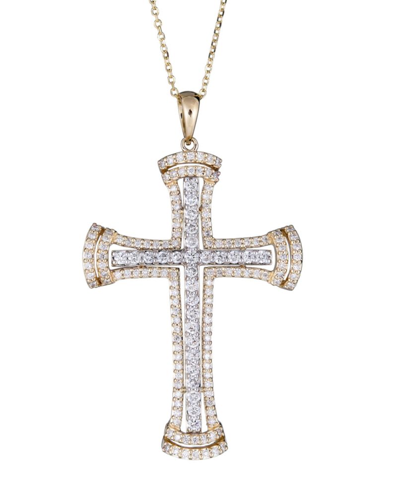Diamond Cross Pendant Necklace (1 ct. t.w.) in 14k Gold & White Gold, 16" + 2" extender