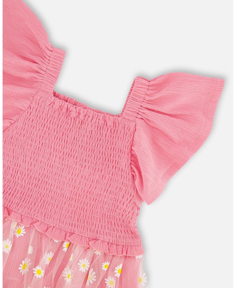 Girl Mesh and Crinkle Jersey Dress with Smocking Pink - Child