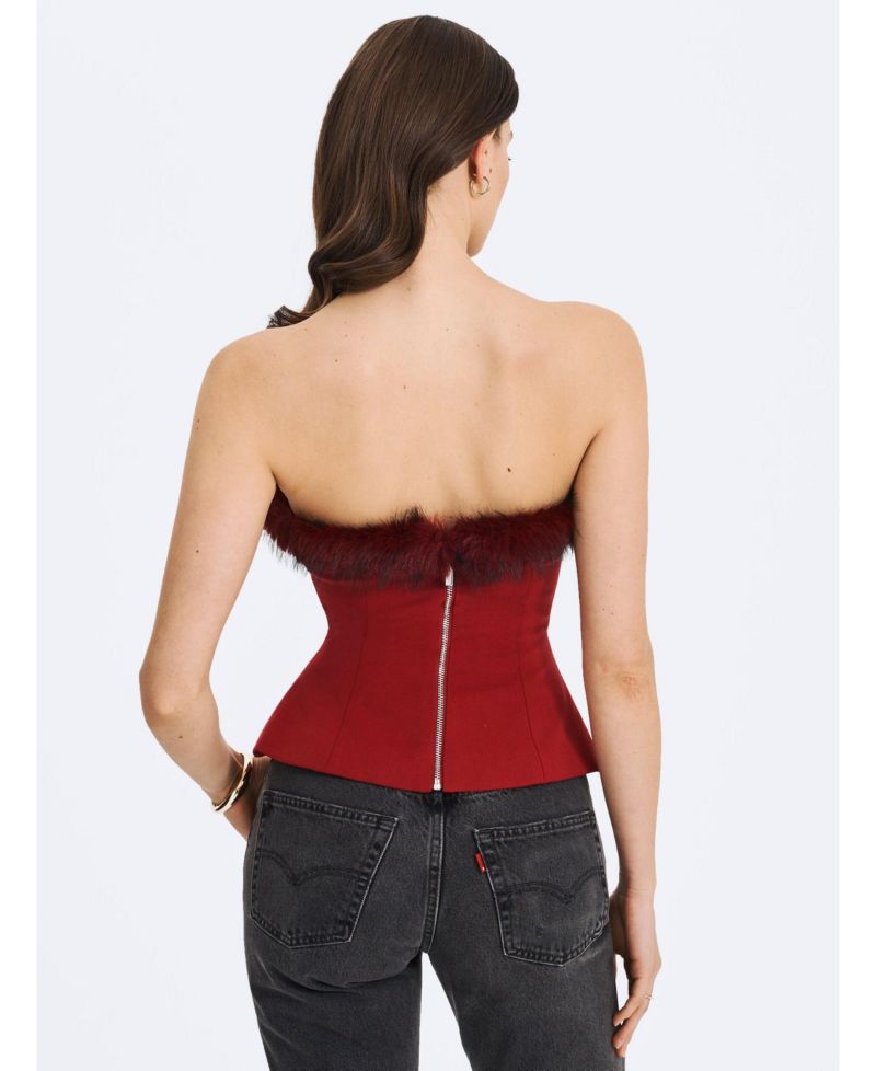 Women's Ivette Crimson Fur-Trimmed Peplum Top