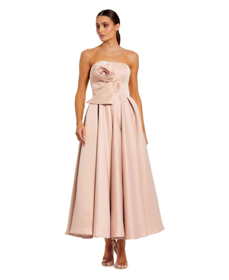 Women's Strapless Satin A Line Midi Dress With 3D Flower
