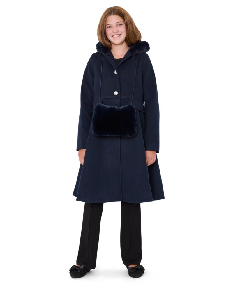 Girls' 6-16 Long-Sleeve Hooded Fur Trim Coat with Muff