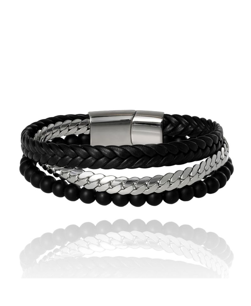 Men’s 3-Row Chain and Bead Bracelet, Black, Magnetic Clasp - 8.5''