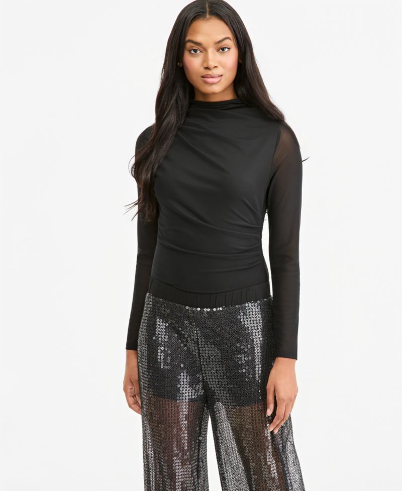 Women's Long-Sleeve Asymmetrical-Pleating Mock-Neck Bodysuit