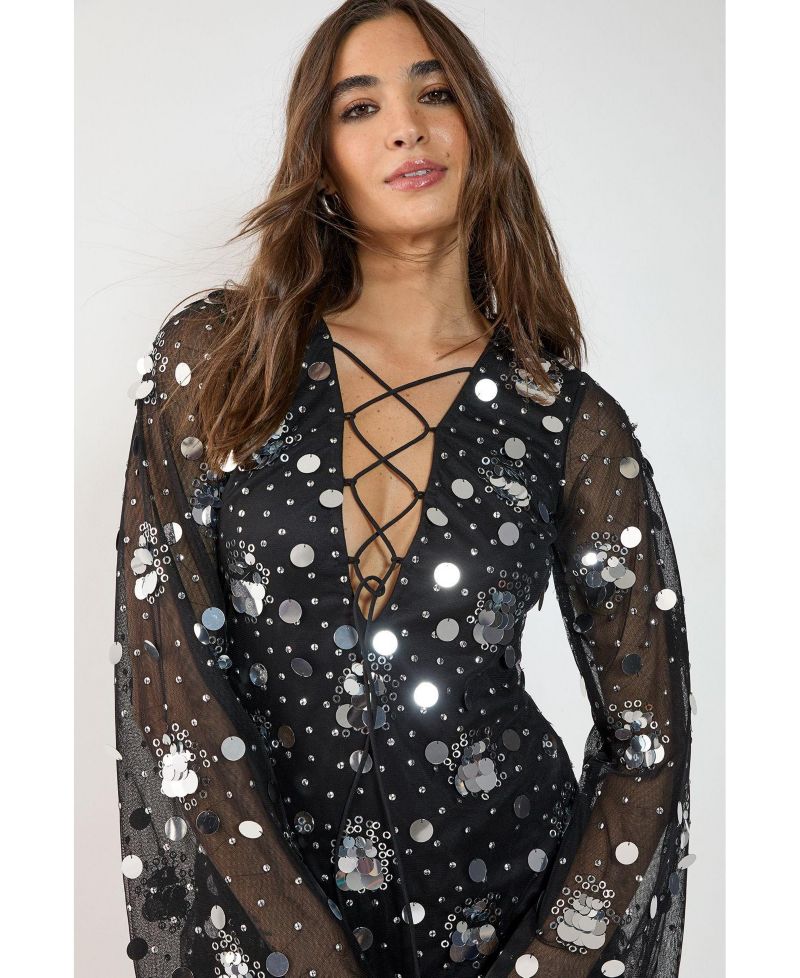 Women's Lace Up Fluted Sleeve Mini Dress