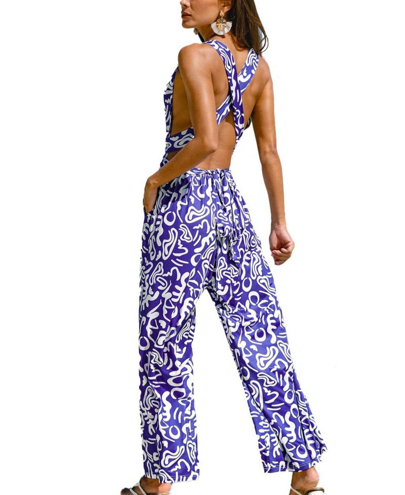 Women's Abstract Print Sleeveless V-Neck Tie Waist Wide Leg Jumpsuit