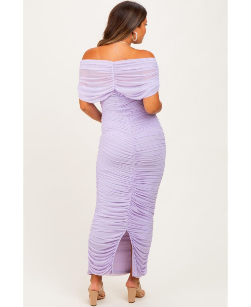 Women's Light Pink Ruched Mesh Foldover Off Shoulder Maxi Dress