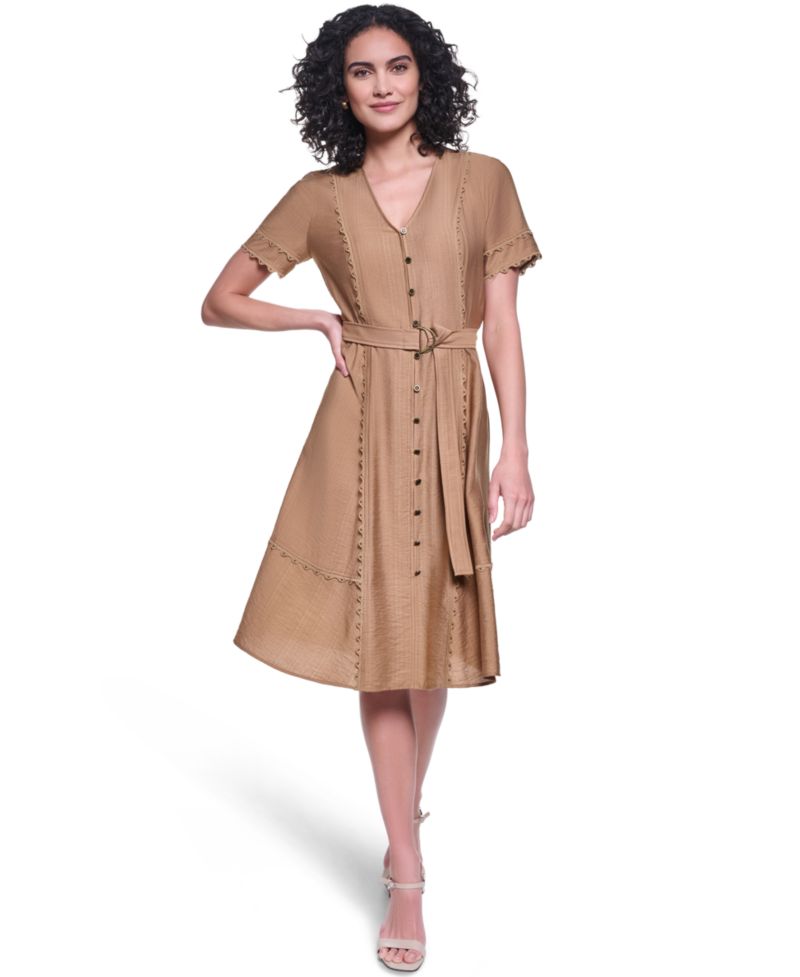 Women's Belted Nailhead Trim V-Neck Dress