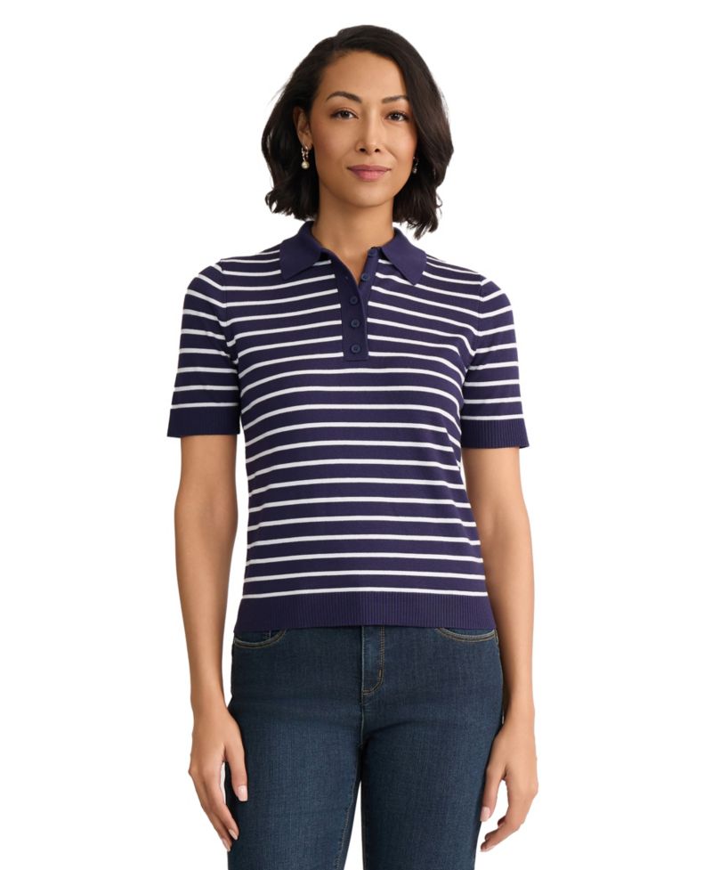 Petite Stripped Collared Neck T-Shirt