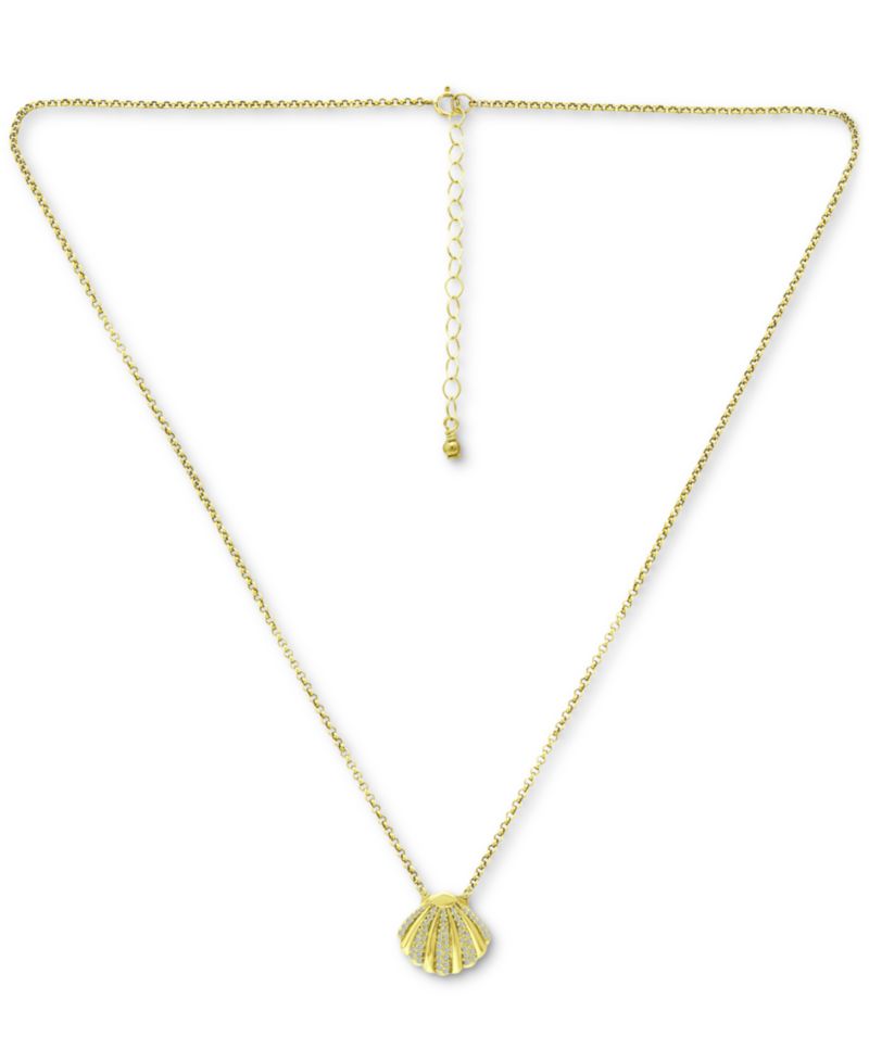 Cubic Zirconia Clam Shell Pendant Necklace in 18k Gold-Plated Sterling Silver, 16" + 2" extender