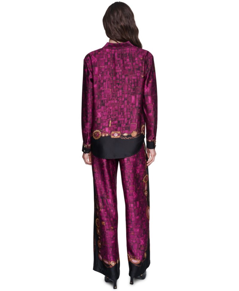 Women's Long-Sleeve Printed Collared Blouse & Pleated Wide-Leg Satin Pants