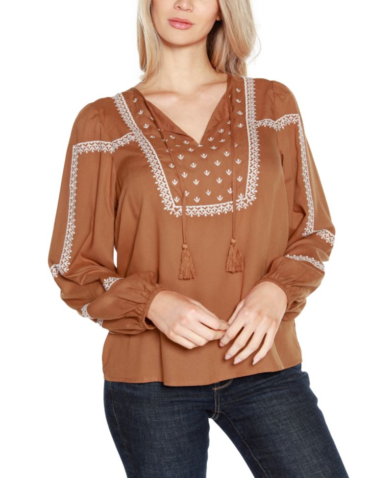 Black Label Embroidered Blouson Tie Neck Top