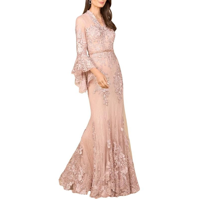 Women's Lace V Neck Long Bell Sleeve Gown