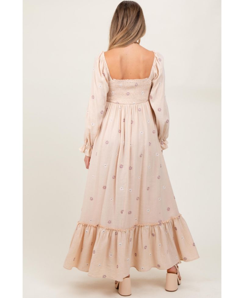 Women's Grey Taupe Long Sleeve Floral Accent Dress