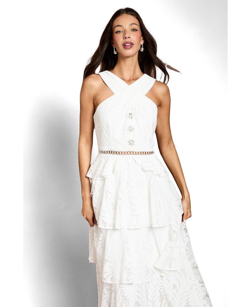 Women's Tiered Lace Halter Neck Midi Dress