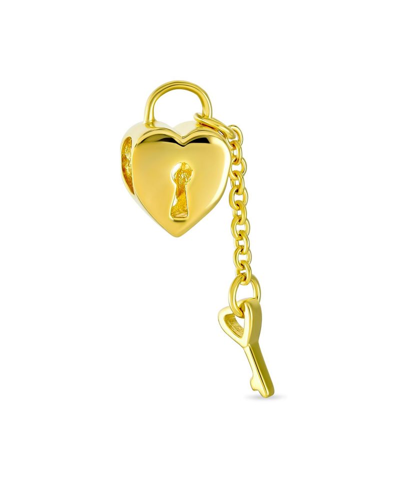 .925 Sterling Silver Heart Shape Lock and Key Charm Bead Two Tone Gold Plated for Bracelet