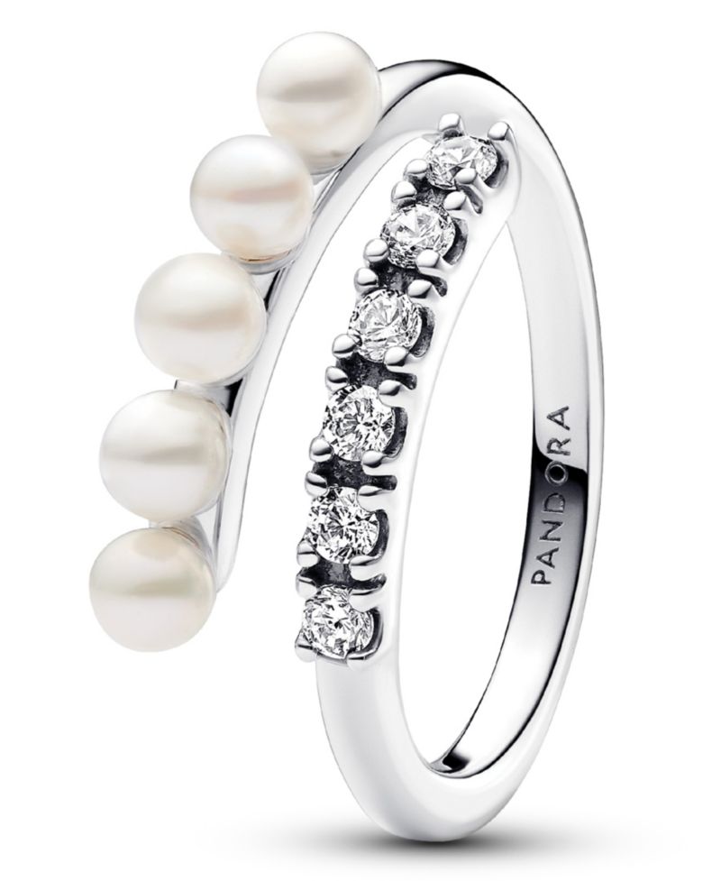 Sterling Silver Timeless Treated Freshwater Cultured Pearls Pave Open Ring