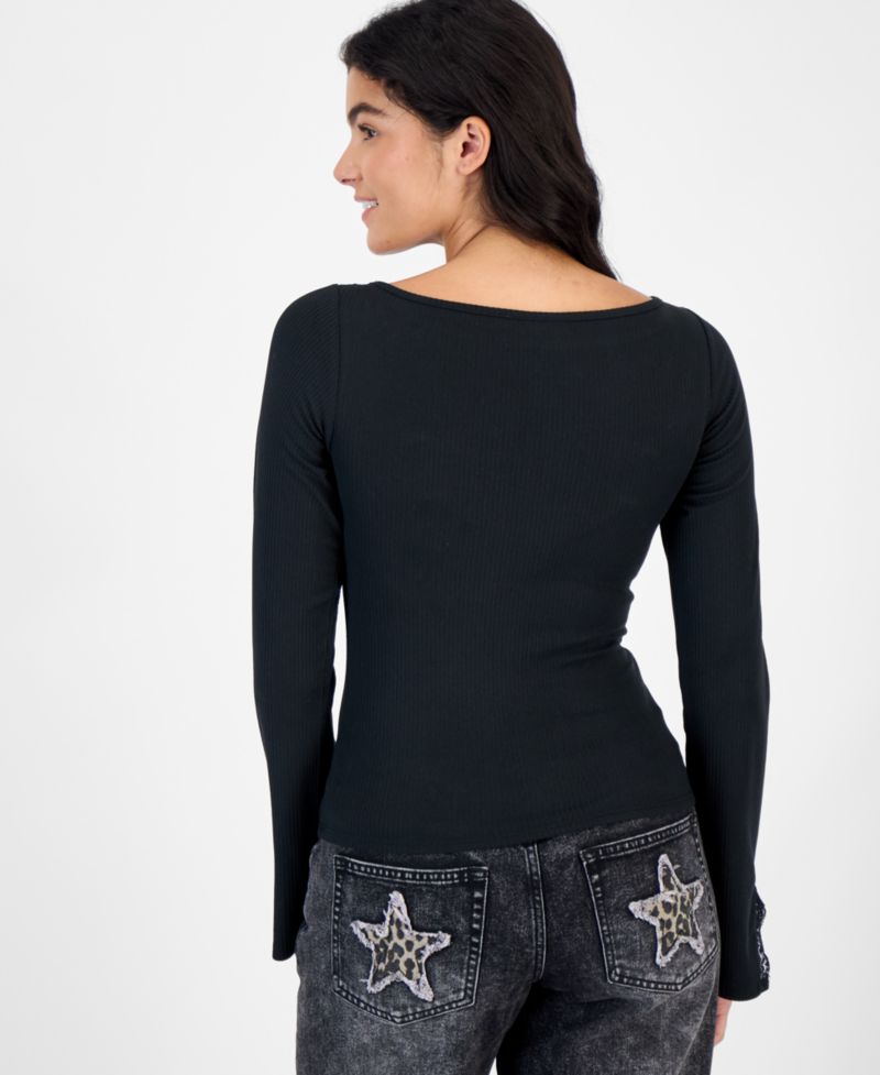 Juniors' Ribbed Lace Long-Sleeve T-Shirt