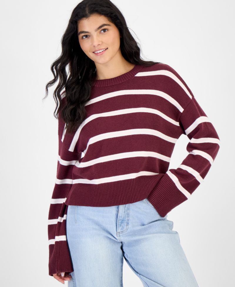 Juniors' Striped Drop-Shoulder Crewneck Pullover Sweater