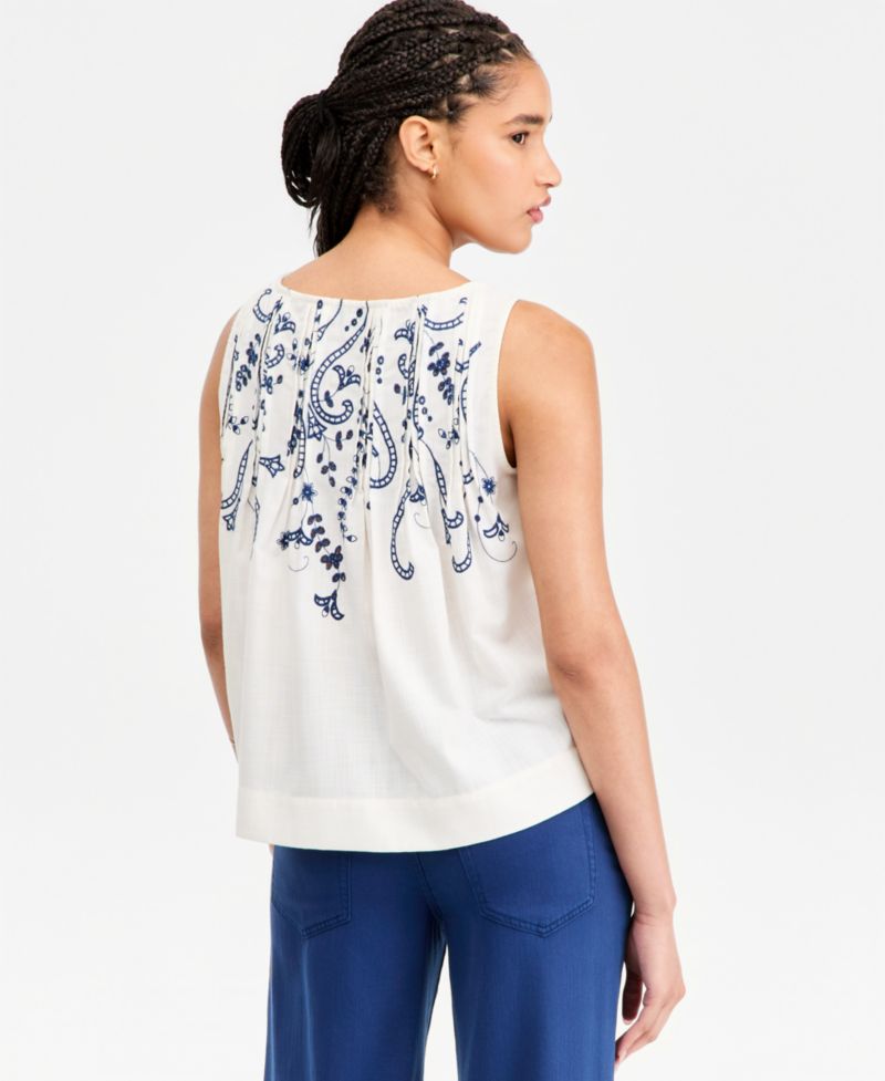 Women's Sleeveless Boat-Neck Embroidered Woven Cotton Top