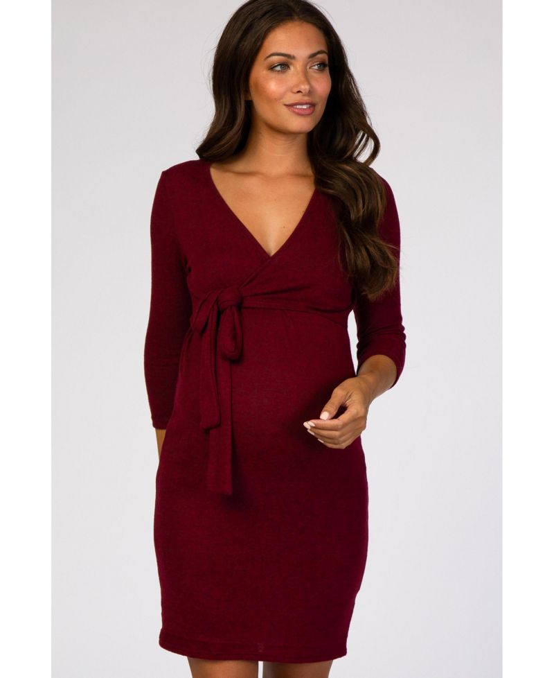 Women's Burgundy Brushed Knit Wrap Fitted Maternity/Nursing Dress