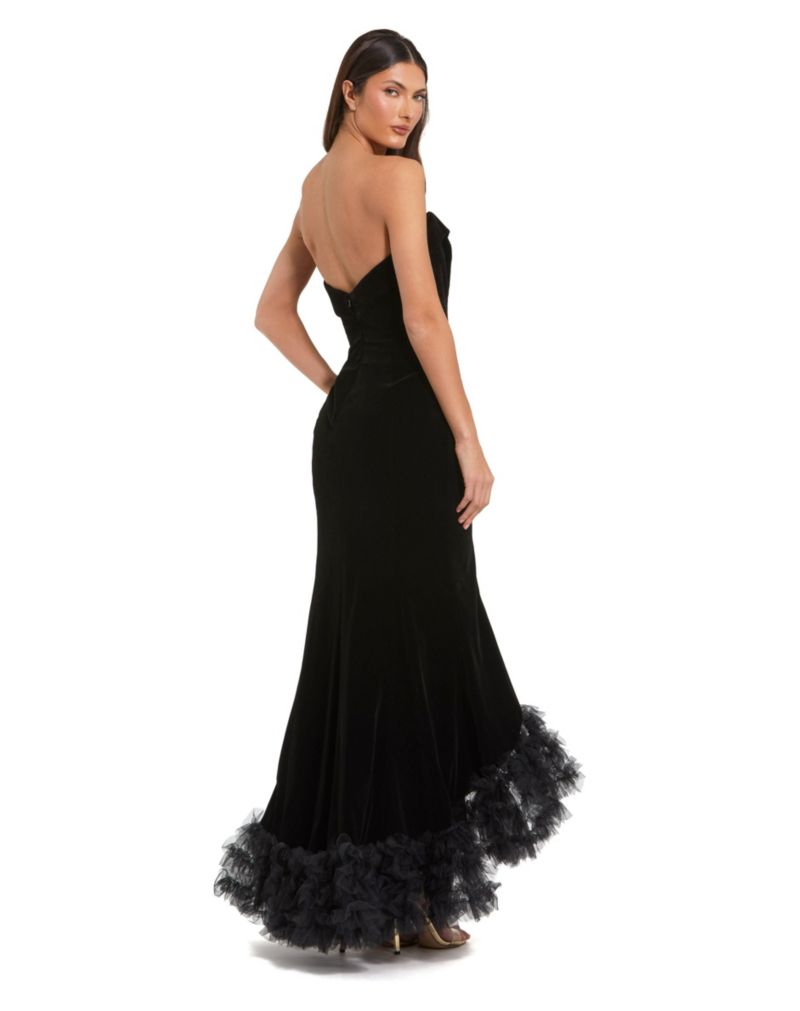 Women's Strapless Velvet Mermaid Gown with Ruffle Slit