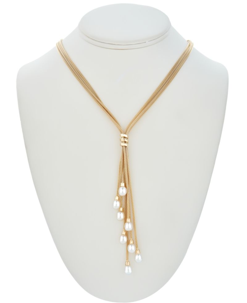 Cultured Freshwater Pearl (6-1/2 mm) Multi-Strand 18" Lariat Necklace in 14k Gold-Plated Sterling Silver